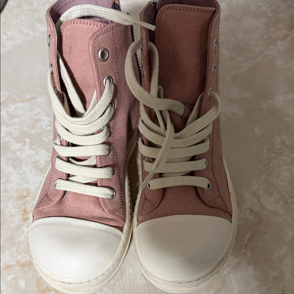 Rick Owens denim Pink High-Top Sneakers with cream Accents